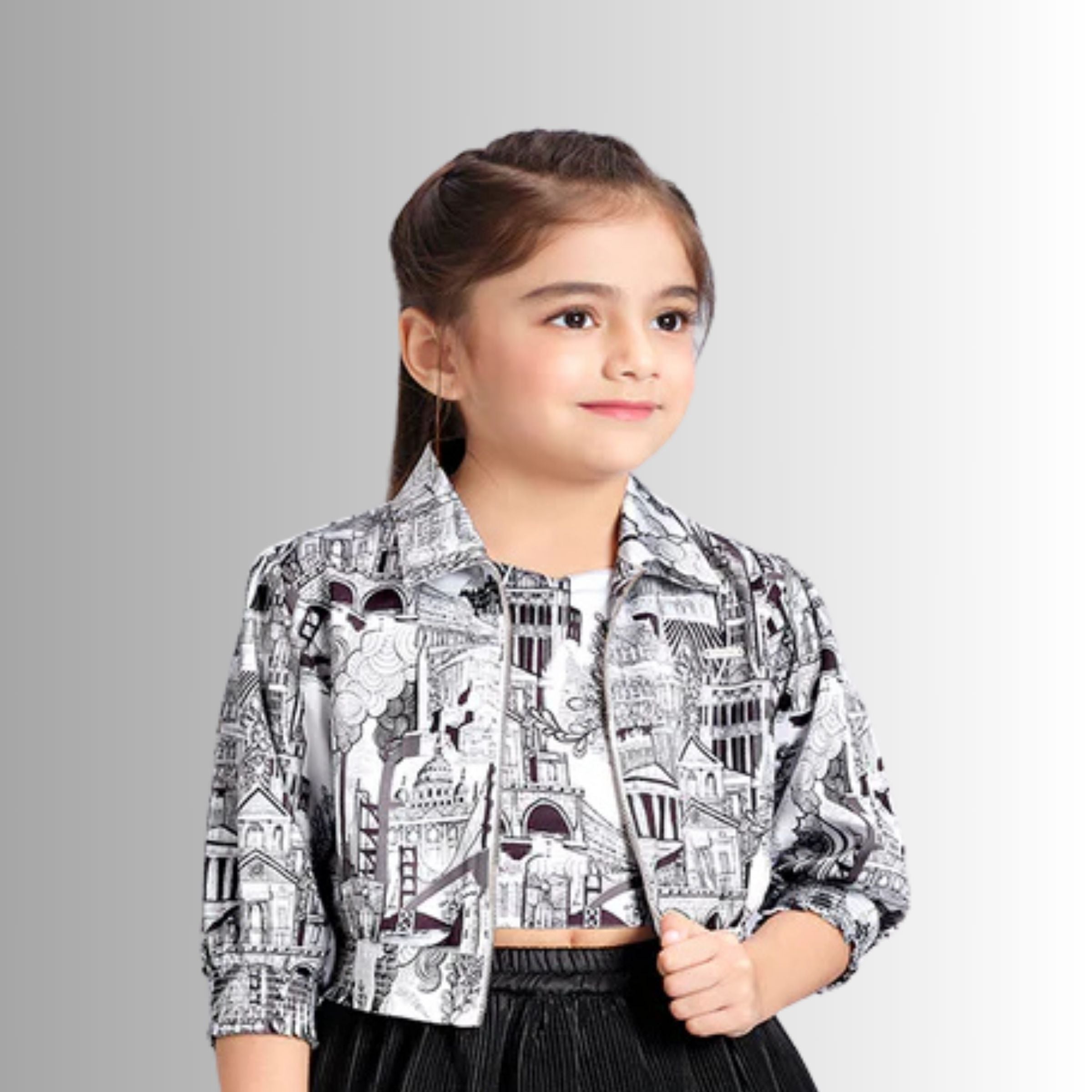 Tiny Baby Girls Black Printed Shoulder Straps Top With Skirt & Jacket