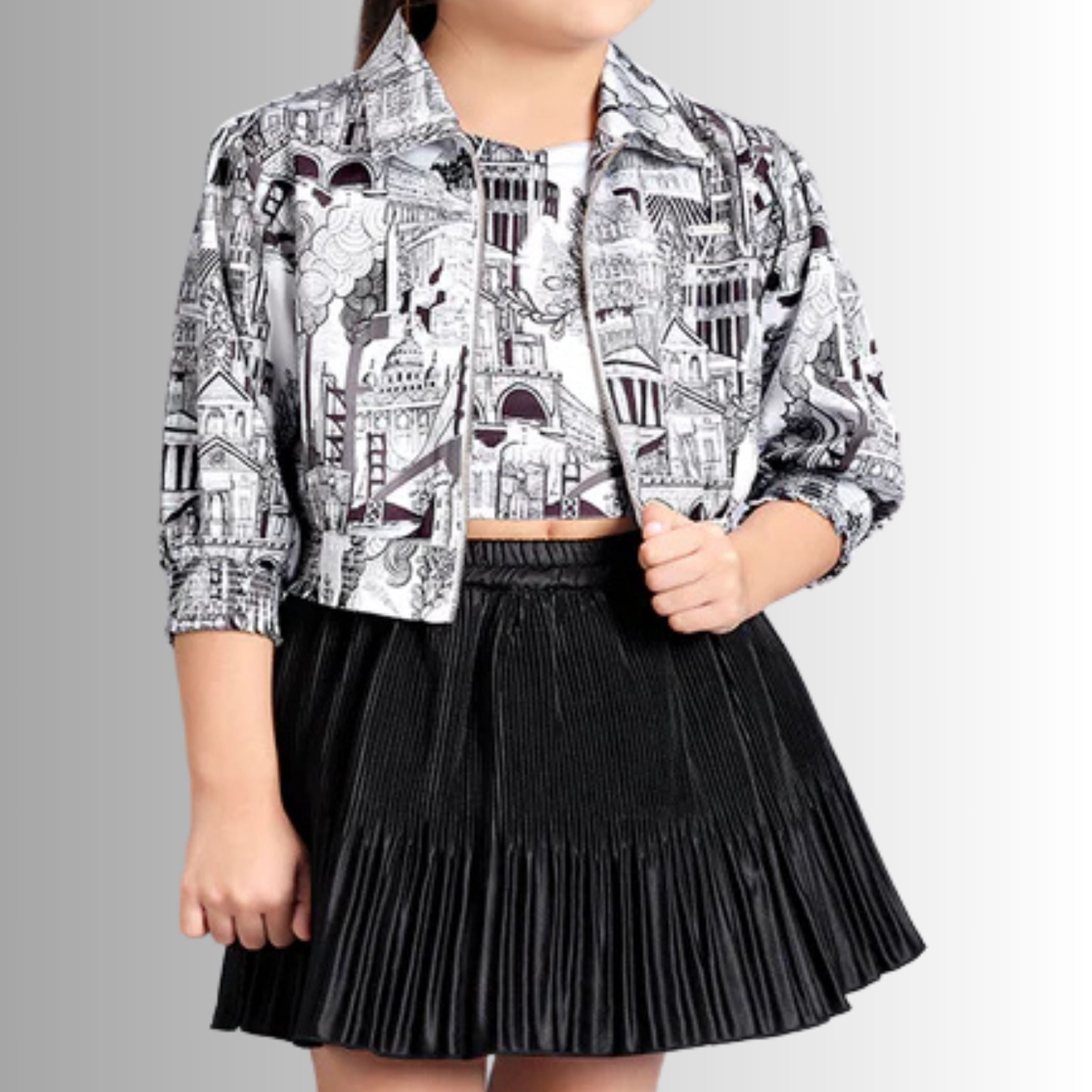 Tiny Baby Girls Black Printed Shoulder Straps Top With Skirt & Jacket