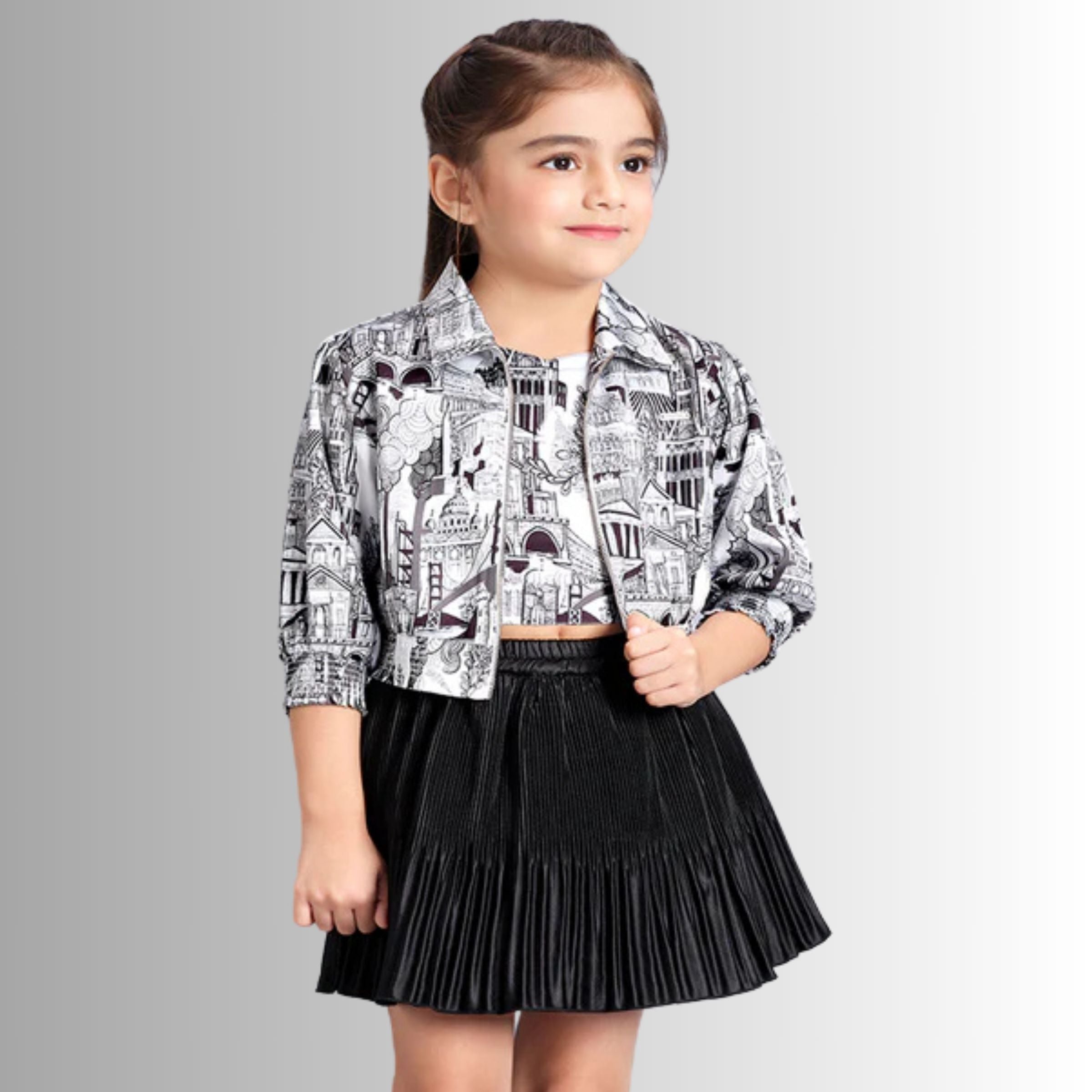 Tiny Baby Girls Black Printed Shoulder Straps Top With Skirt & Jacket
