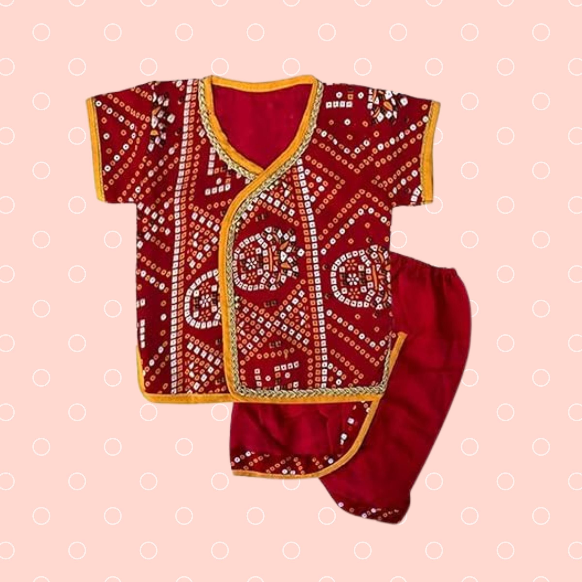 SMILE BABY JAMNA SET FOR BOYS BANDHNI STYLE PRINTED KURTA , TOPI, JUTI AND PRINTED BORDER DHOTI | 0 TO 3 MONTH BABYS SIZE IN RED COLOR | PACK OF ONE