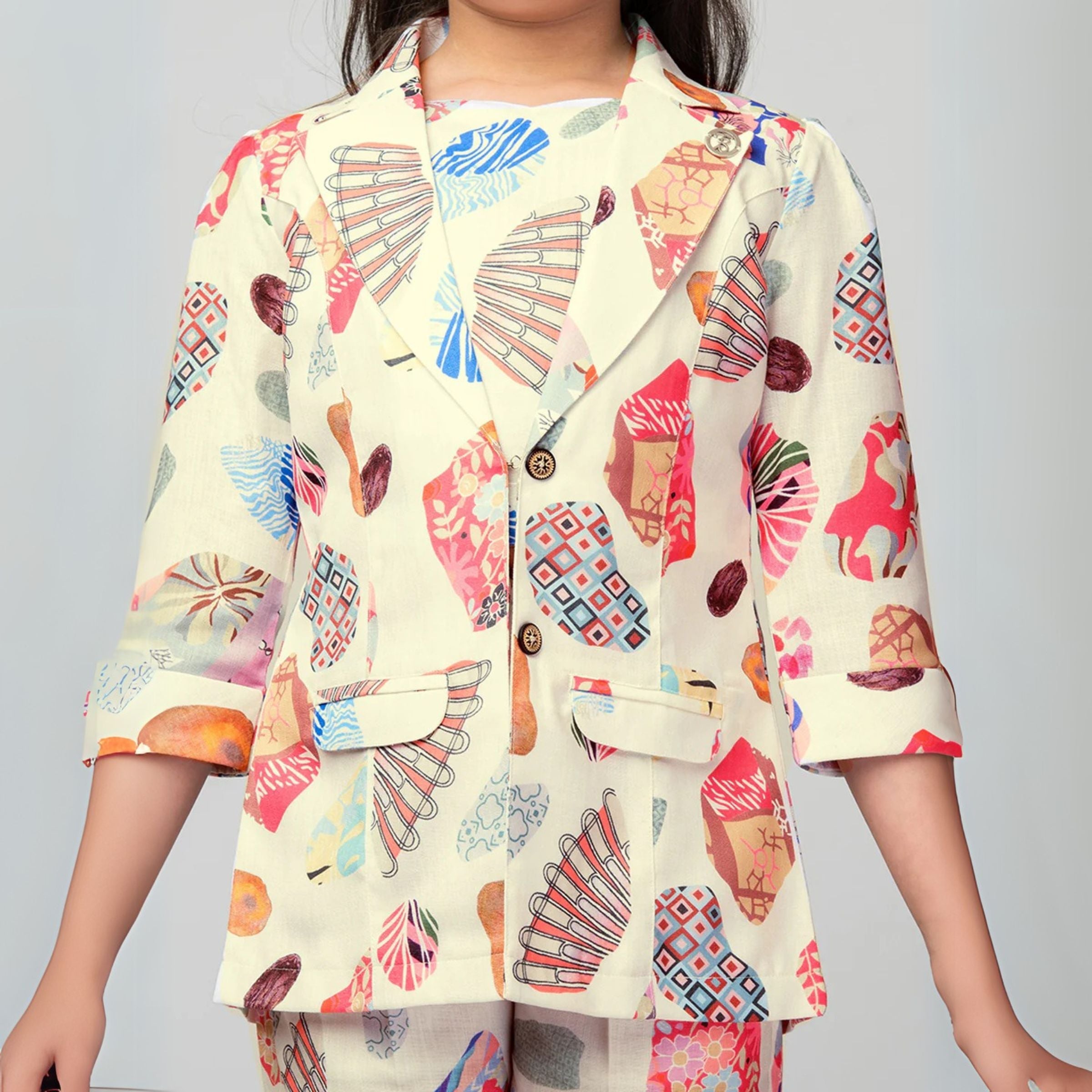 Tiny Baby Cream Colored Printed Pant , Crop Top With Half Sleeve Blazar