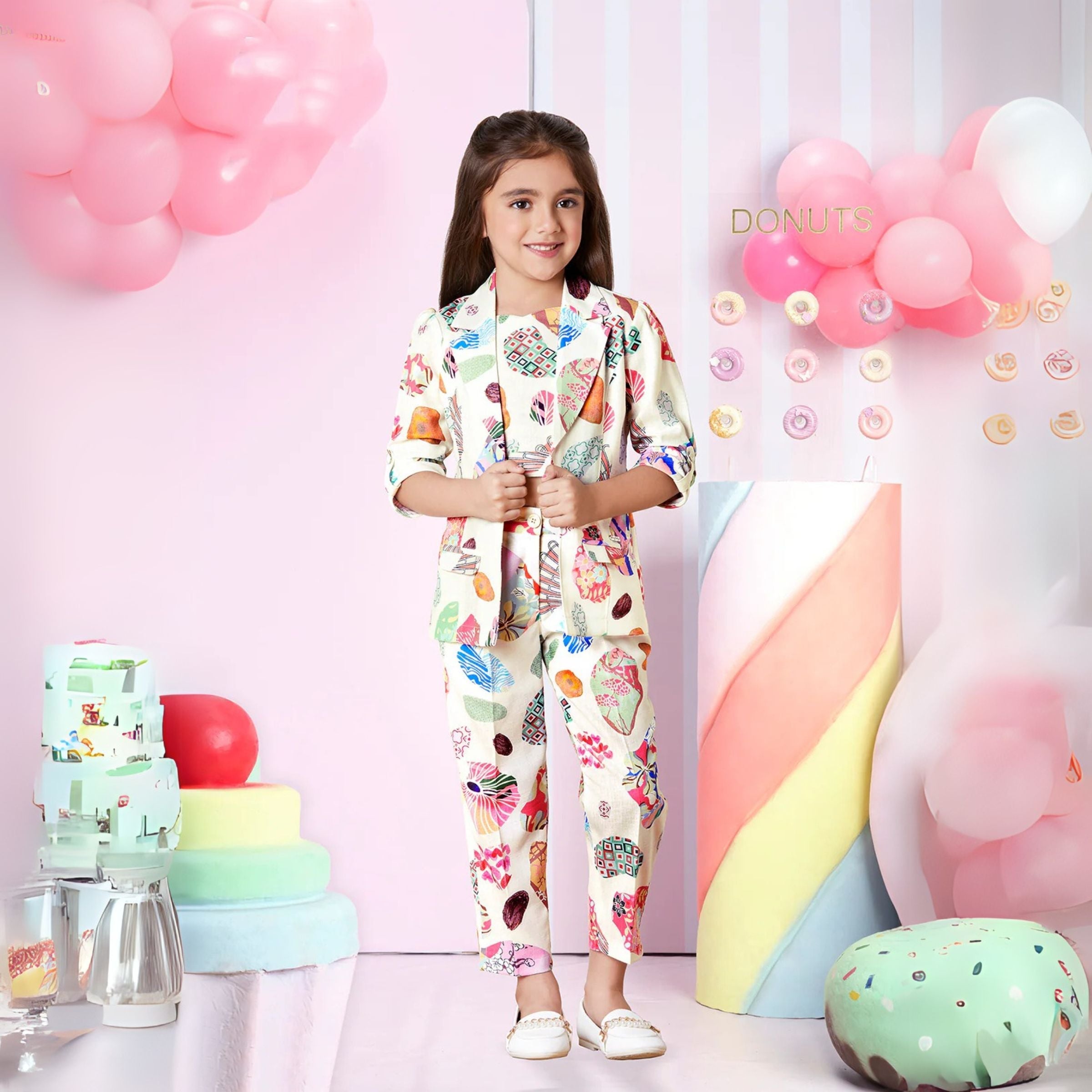 Tiny Baby Cream Colored Printed Pant , Crop Top With Half Sleeve Blazar