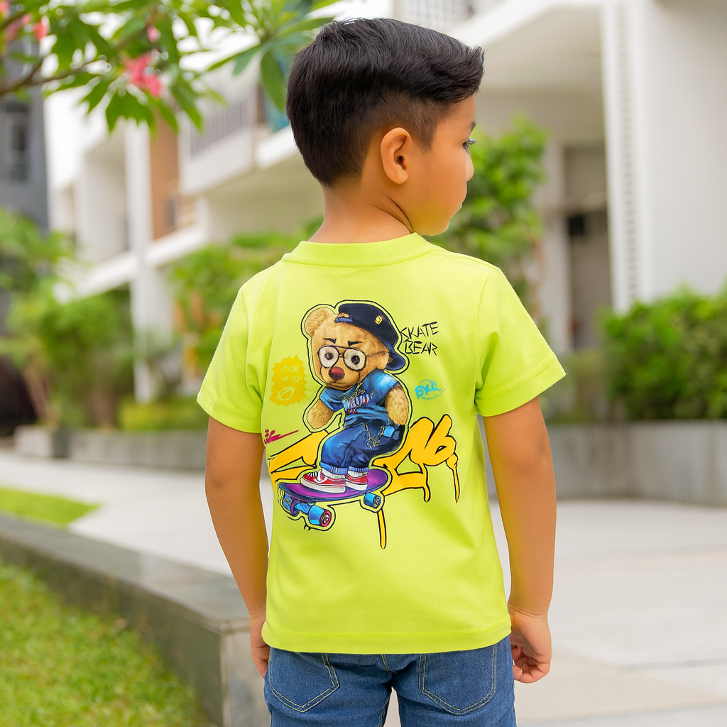 Smile Baby Boys F-Green Skateboard Teddy Bear T-Shirt – Summer Wear (12 Months to 4 Years)