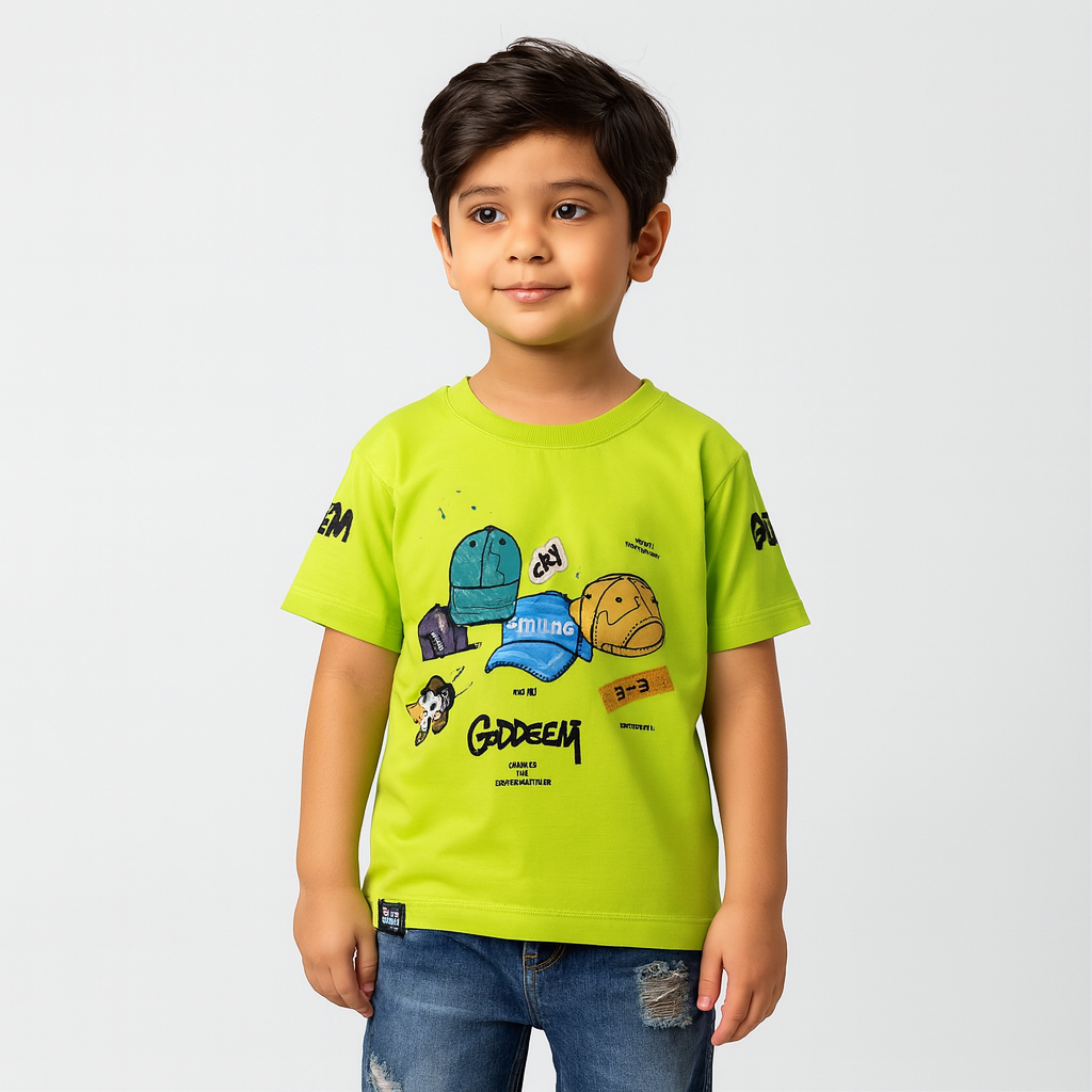 Smile Baby Boys’ Printed Cotton T-Shirt – Fluorescent Green | Age 12 Months to 5 Years