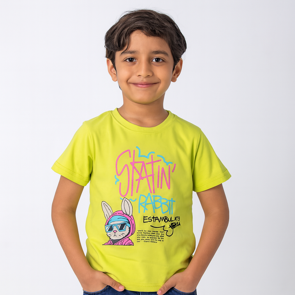 Smile Baby Boys’ Graphic Cool "Skatin’ Rabbit" T-Shirt – Neon Green & Purple | Age 4–12 Years
