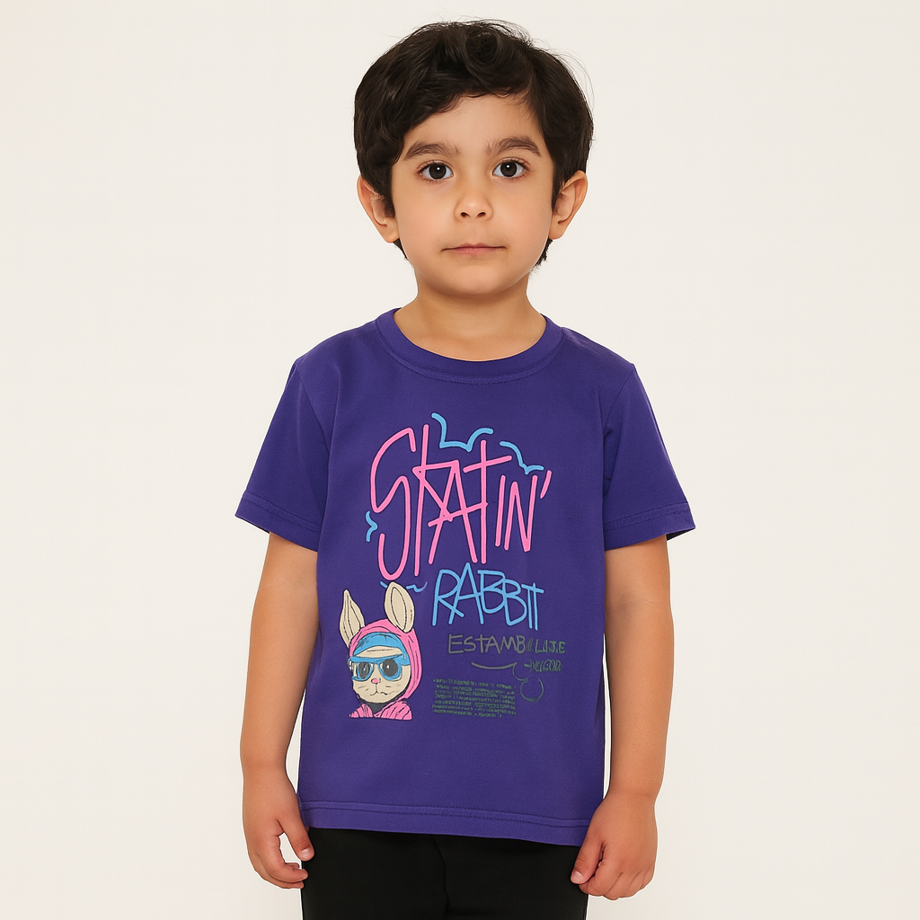 Smile Baby Boys’ Graphic Cool "Skatin’ Rabbit" T-Shirt – Neon Green & Purple | Age 4–12 Years