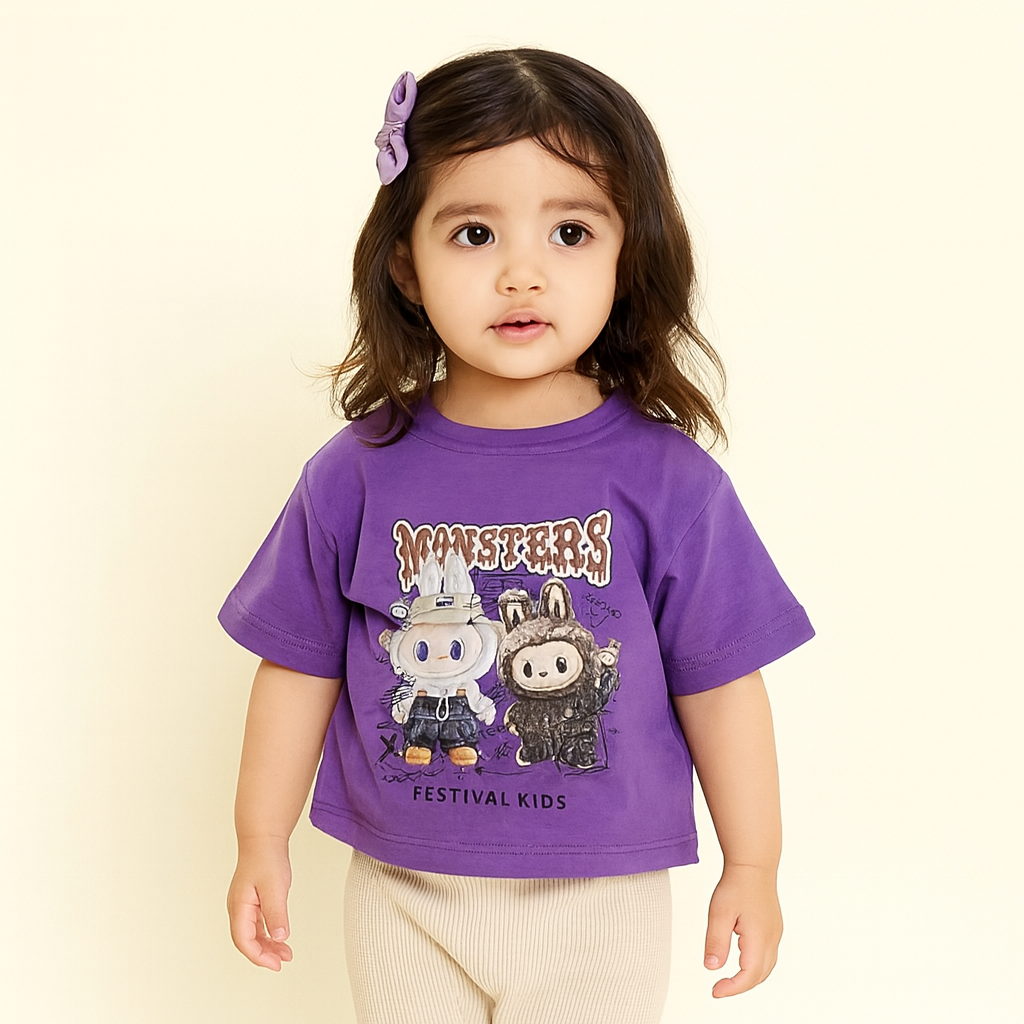 Smile Baby Kids T-Shirt with Cartoon Monster Print – Color Options: R. Green, Orange, Purple, R. Blue, Yellow | Age 6–12 Years