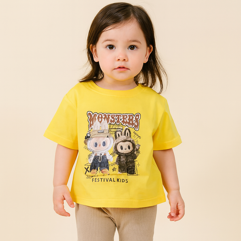 Smile Baby Kids T-Shirt with Cartoon Monster Print – Color Options: R. Green, Orange, Purple, R. Blue, Yellow | Age 6–12 Years