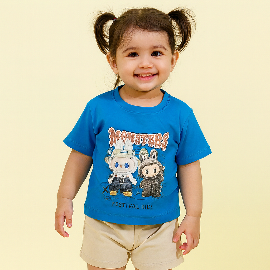 Smile Baby Kids T-Shirt with Cartoon Monster Print – Color Options: R. Green, Orange, Purple, R. Blue, Yellow | Age 6–12 Years