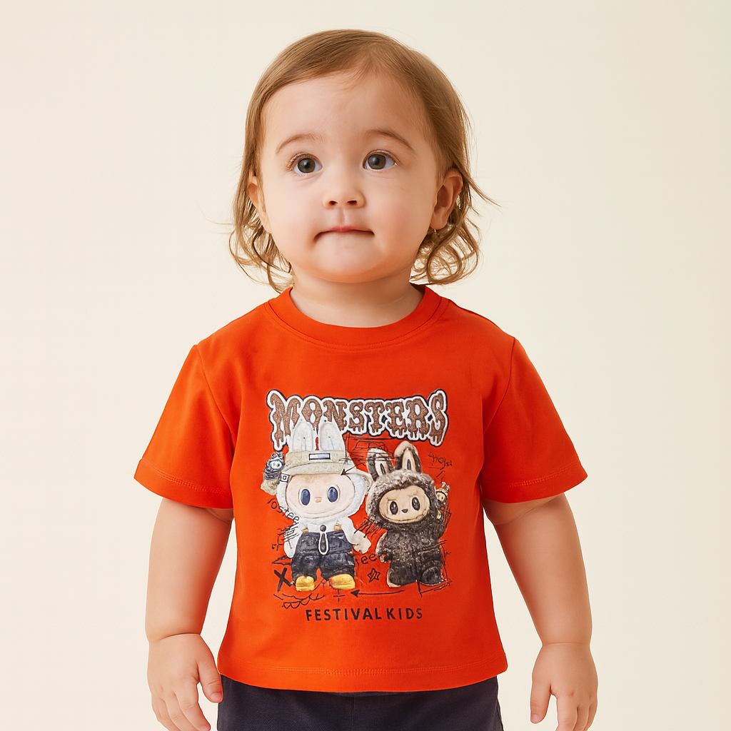 Smile Baby Kids T-Shirt with Cartoon Monster Print – Color Options: R. Green, Orange, Purple, R. Blue, Yellow | Age 6–12 Years