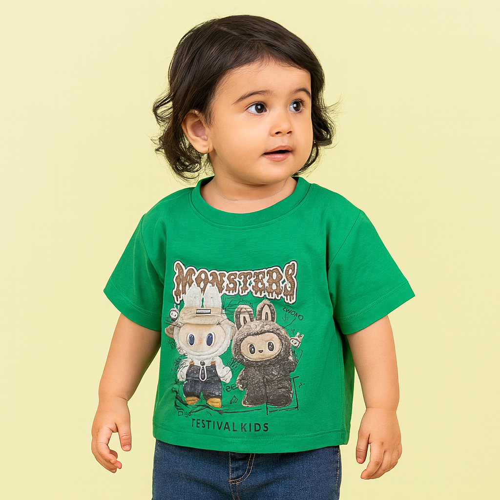 Smile Baby Kids T-Shirt with Cartoon Monster Print – Color Options: R. Green, Orange, Purple, R. Blue, Yellow | Age 6–12 Years