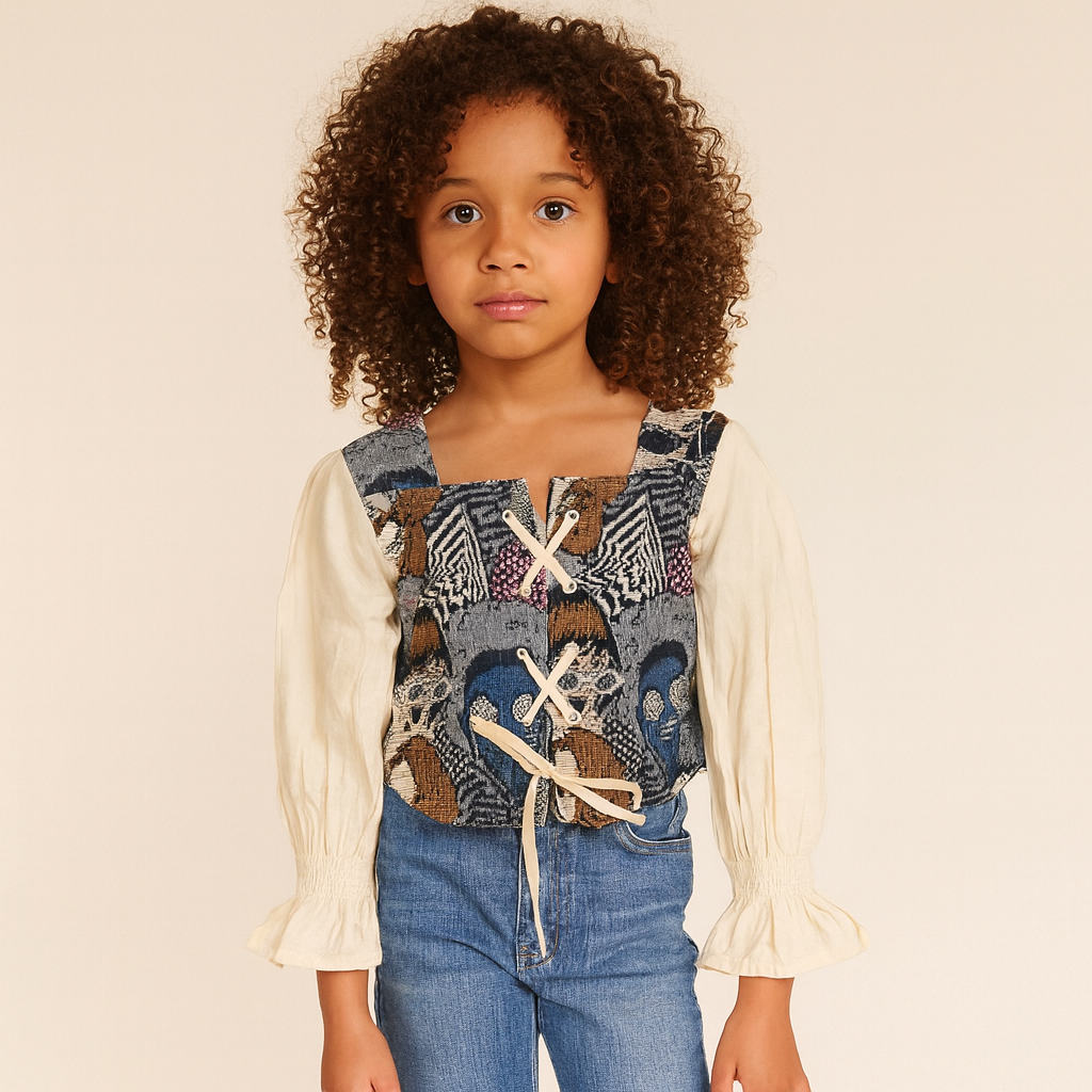 Smile Baby Girls’ Stylish Printed Top with Puff Sleeves – Fawn & Rust | Age 5–14 Years | Corest Top