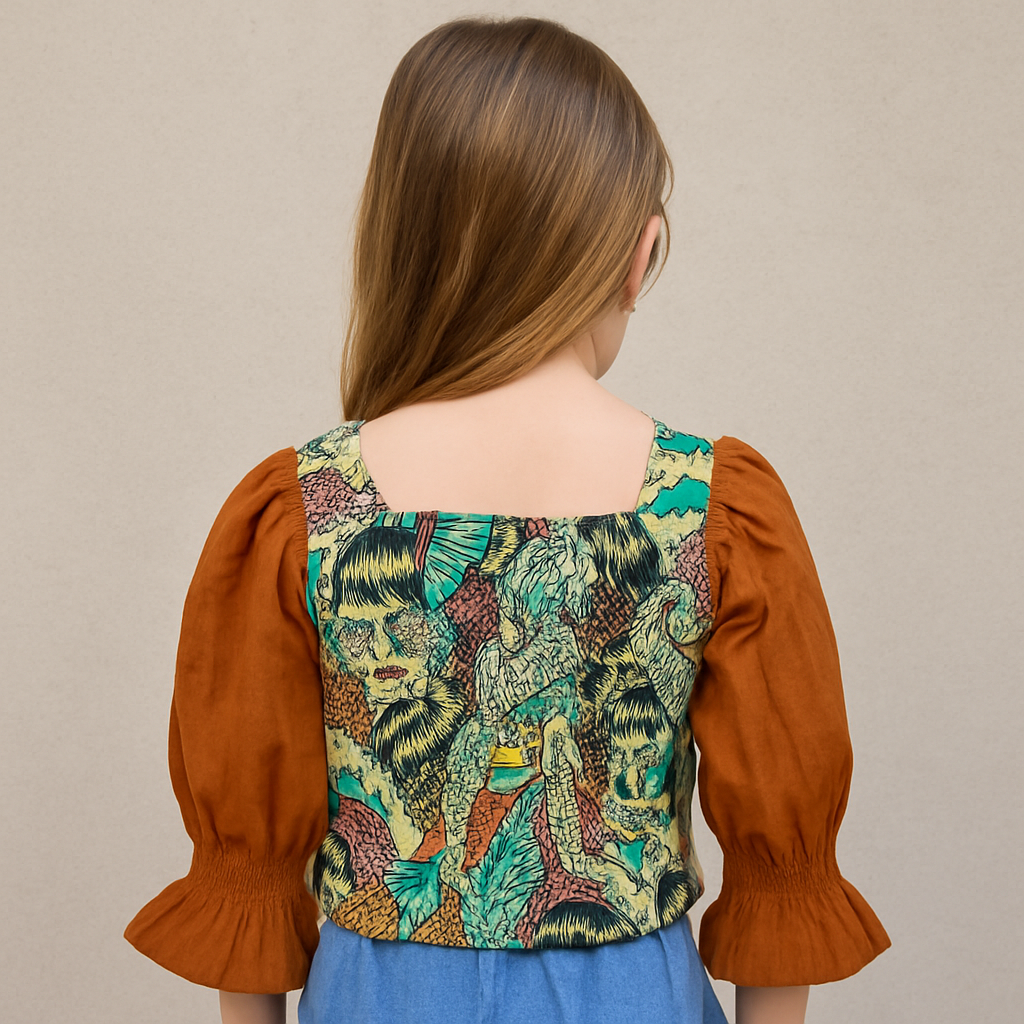 Smile Baby Girls’ Stylish Printed Top with Puff Sleeves – Fawn & Rust | Age 5–14 Years | Corest Top