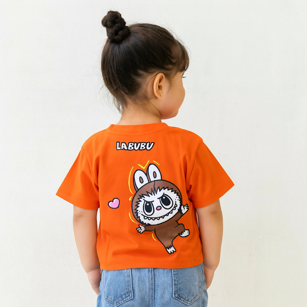 Smile Baby Girls Cartoon Labubu  Print Orange T-Shirt (Age 4–14 Years)
