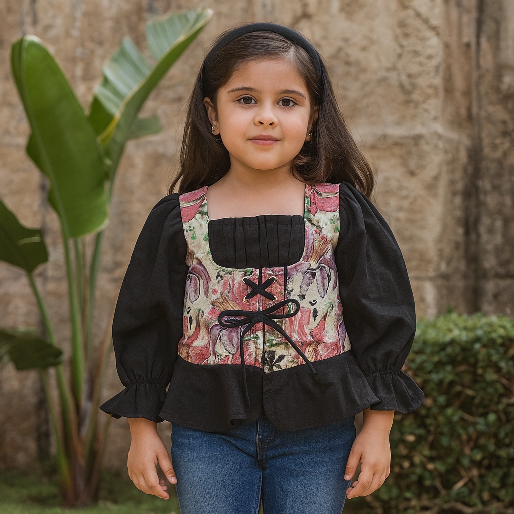 Smile Baby Girls’ Black Floral Embroidered Peplum Top | Age 5–14 Years