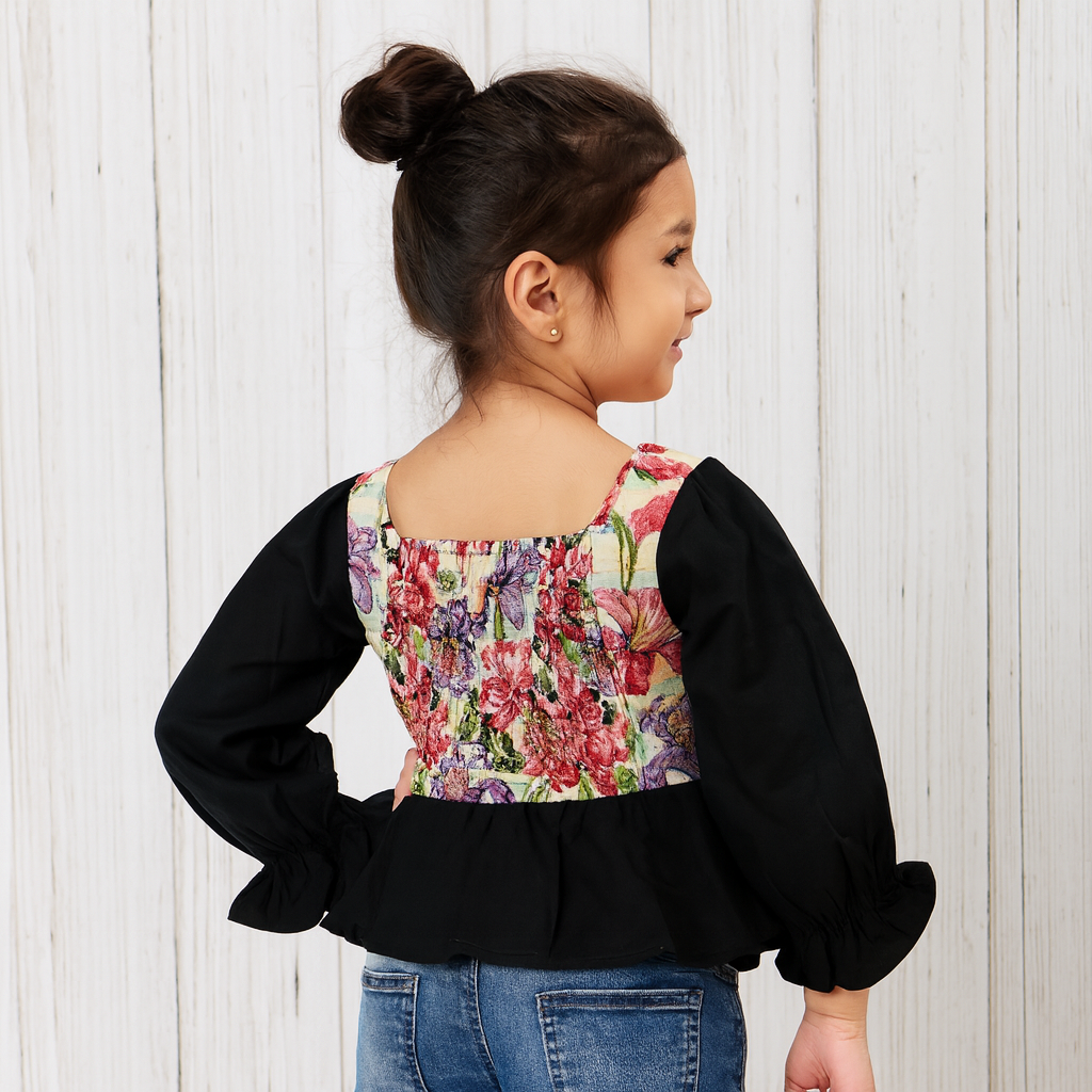 Smile Baby Girls’ Black Floral Embroidered Peplum Top | Age 5–14 Years