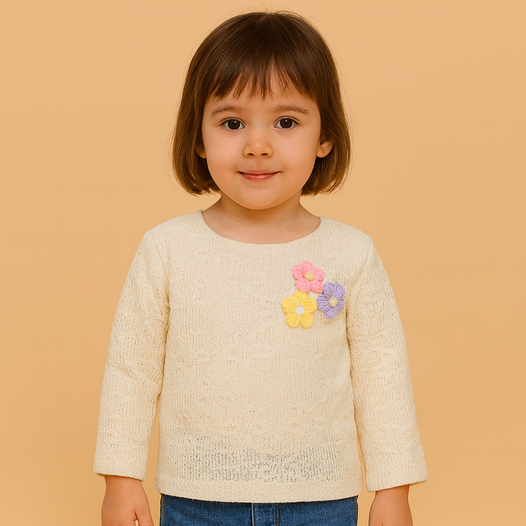Smile Baby Girls Cream Knitted Top with Floral Appliqué | Age 18 Months – 14 Years
