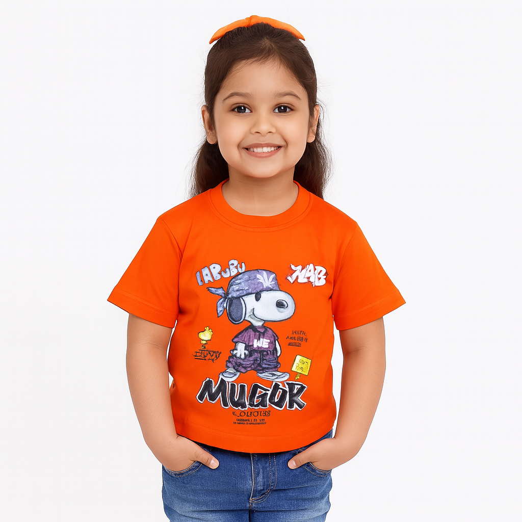 Smile Baby Girls’ Graphic Print T-Shirt – Orange & Hot Pink – Age 4 to 14Years