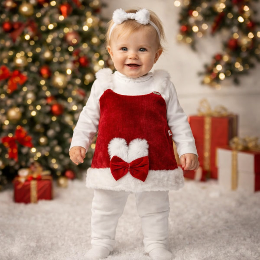 JUST TOTS Baby Girls Christmas Outfit Set | Red Velvet Dress with White Inner Top & Leggings | Soft Winter Wear for Babies & Toddlers (9 Months – 4 Years)