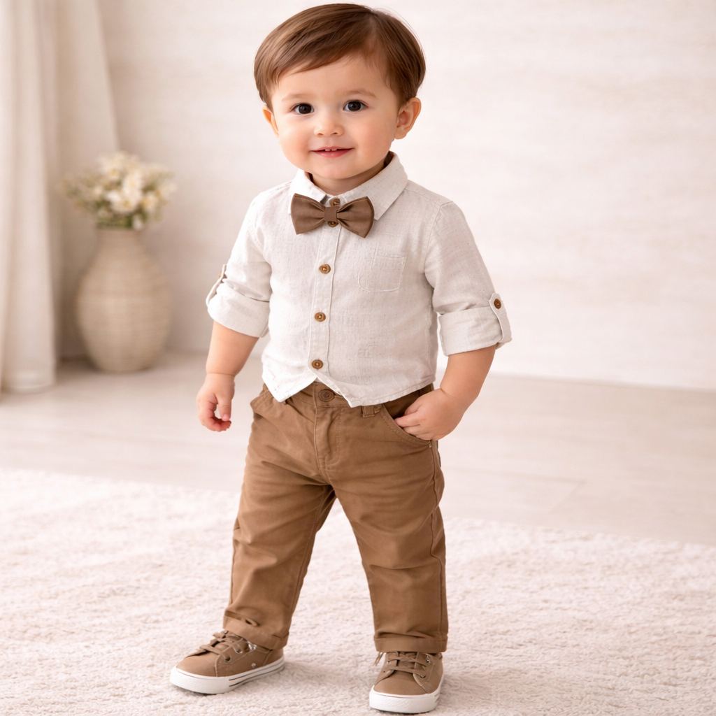 BEIGE Little Collars Boys Set (18 Months to 4 Years) – Shirt, Waistcoat & Pant Formal Outfit
