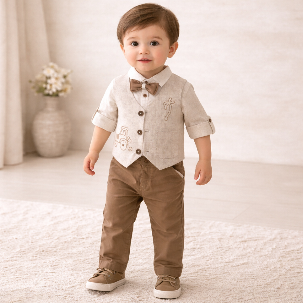 BEIGE Little Collars Boys Set (18 Months to 4 Years) – Shirt, Waistcoat & Pant Formal Outfit