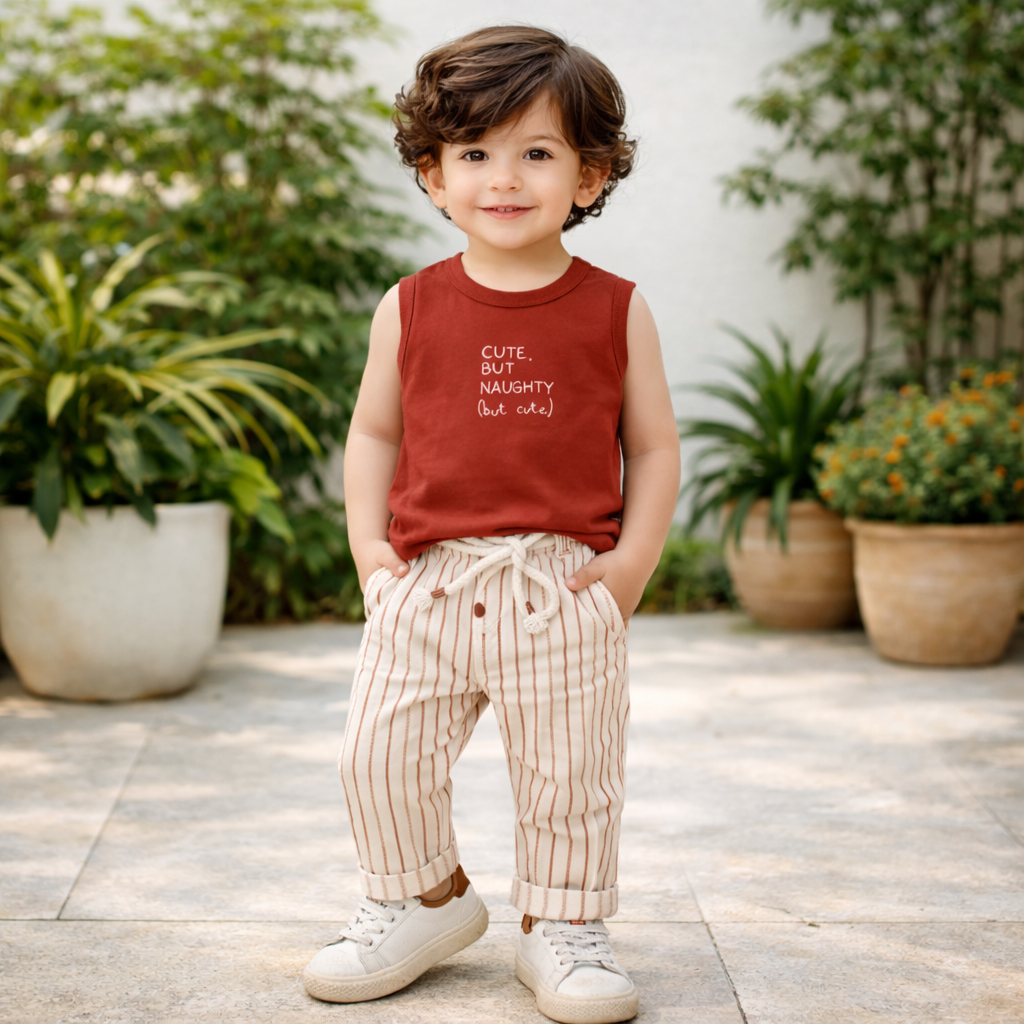 KIDZELLO Boys Rust 3-Piece Clothing Set (6–18 Months) – Striped Blazer, Sleeveless T-Shirt & Pants Outfit