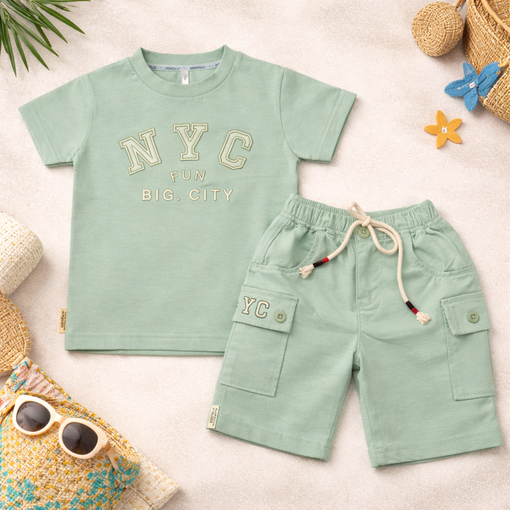 KIDZELLO Baby Boys Cotton Co-Ord Set – NYC Print T-Shirt & Cargo Shorts (6M to 3 Years)