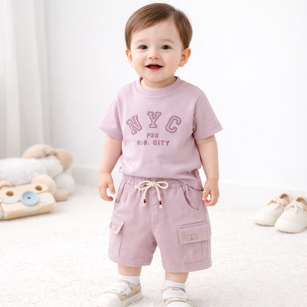 KIDZELLO Baby Boys Cotton Co-Ord Set – NYC Print T-Shirt & Cargo Shorts (6M to 3 Years)