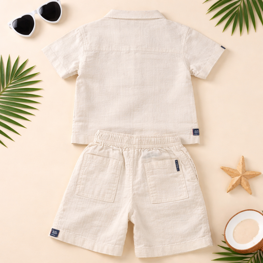 KIDZELLO Baby Boys Linen Co-Ord Set (Cream) – Summer Shirt & Shorts Outfit | 6 Months to 3 Years