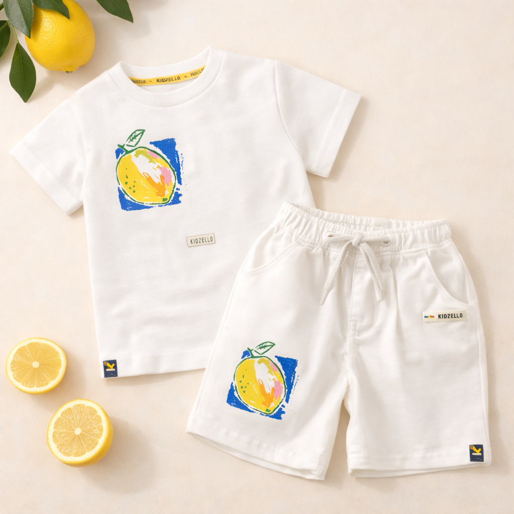 KIDZELLO Baby Boys White Lemon Print T-Shirt & Shorts Set (0–24 Months)