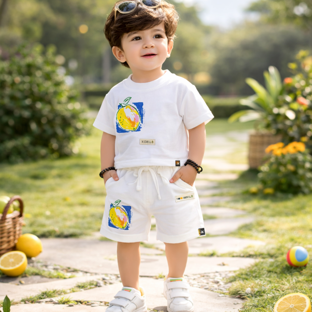 KIDZELLO Baby Boys White Lemon Print T-Shirt & Shorts Set (0–24 Months)