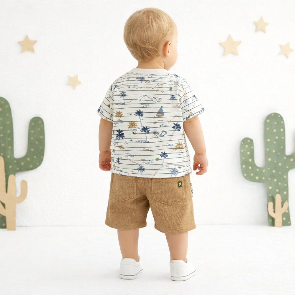 KIDZELLO Boys Summer Printed T-Shirt & Shorts Set (0–24 Months) – Beach Theme Cotton Outfit