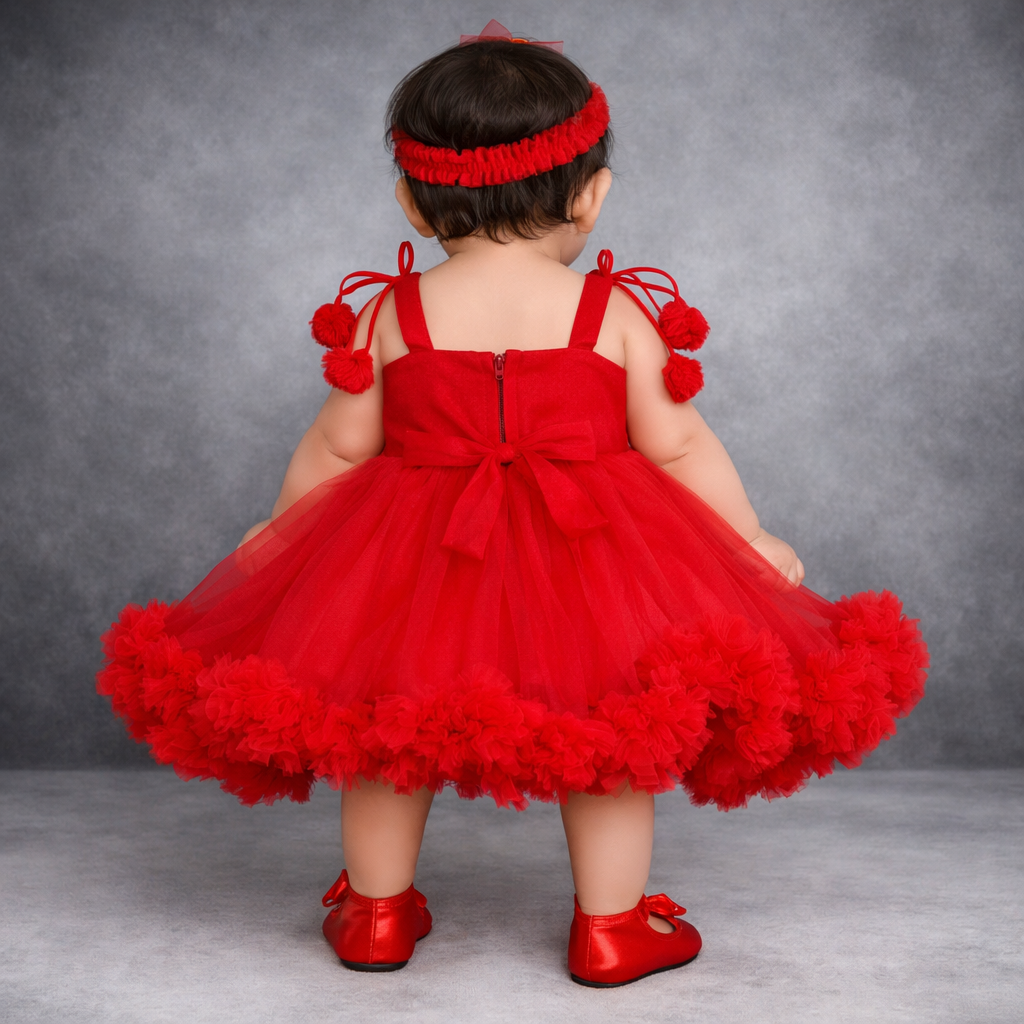 VANILLA Baby Girl Frock – Red Party Tulle Dress with Headband (6–24 Months)