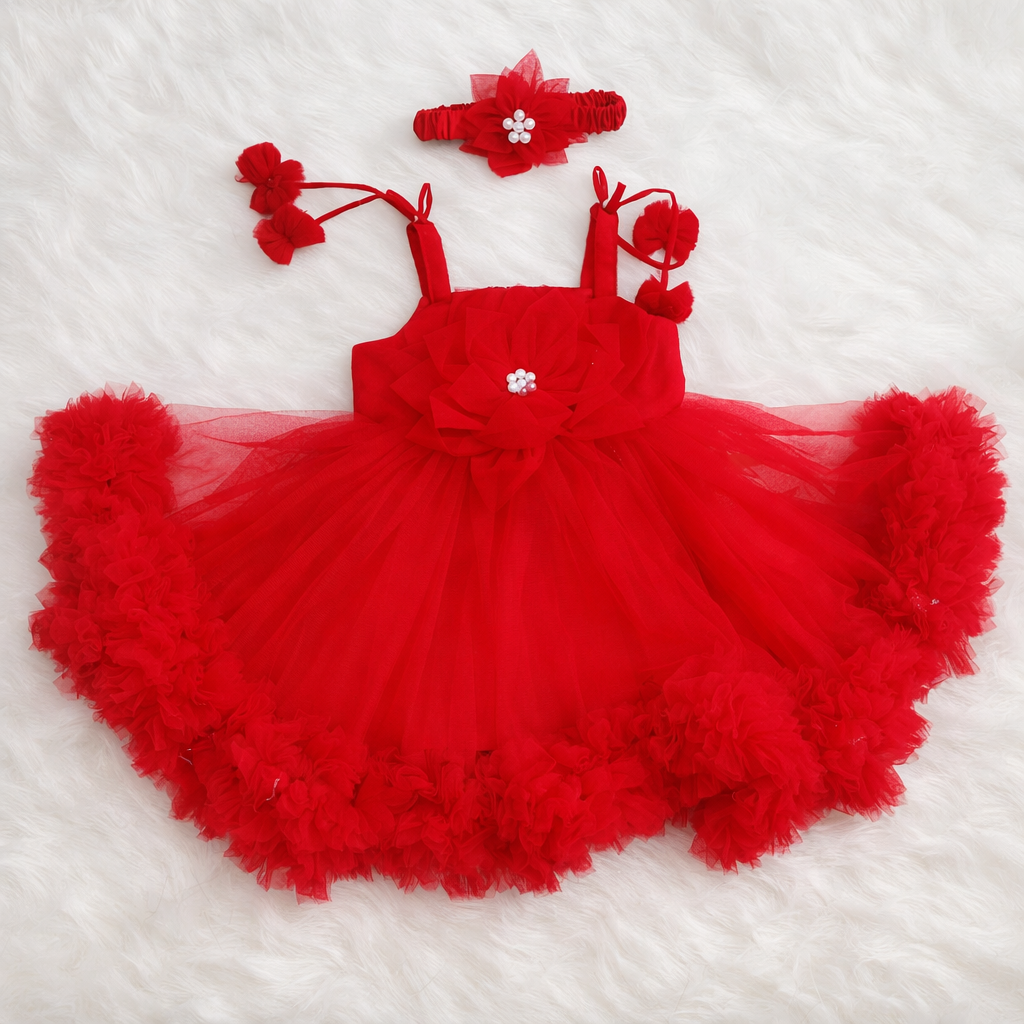 VANILLA Baby Girl Frock – Red Party Tulle Dress with Headband (6–24 Months)