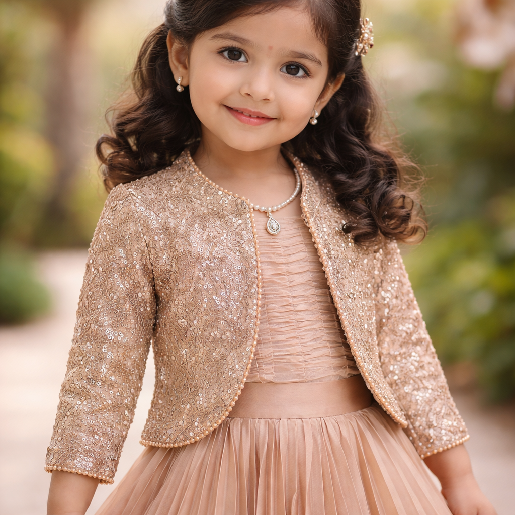 MISHA Girls Top Choli Set with Embellished Jacket & Pleated Lehenga – Party Wear (3–12 Years)