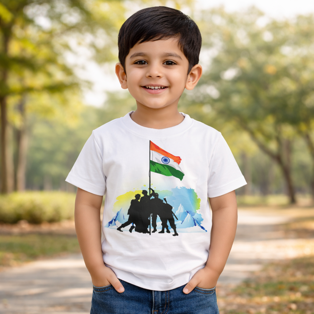 TRIKI Boys Republic Day Special T-Shirt – Soldier Silhouette Tricolor Flag Print, White | 12 Months–9 Years