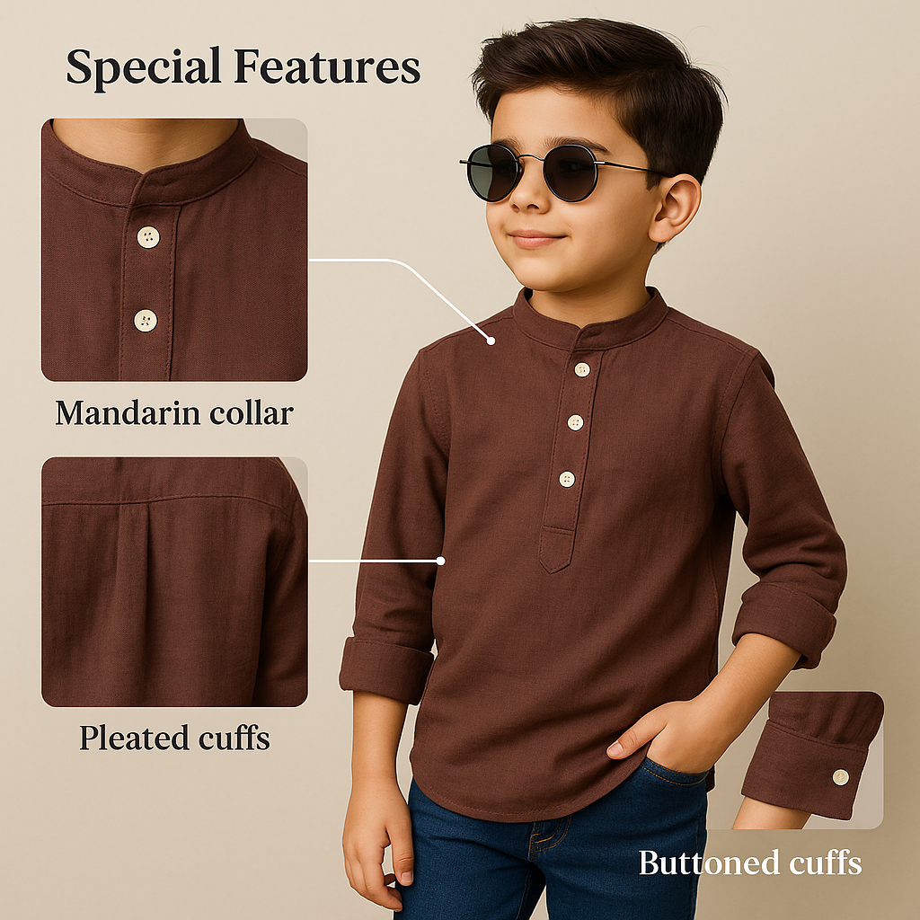 BLAZO premium cotton shirt for boys online. Full sleeve, Cadbury color, mandarin collar—perfect for festive, party, or casual wear. Ages 4–10 years.