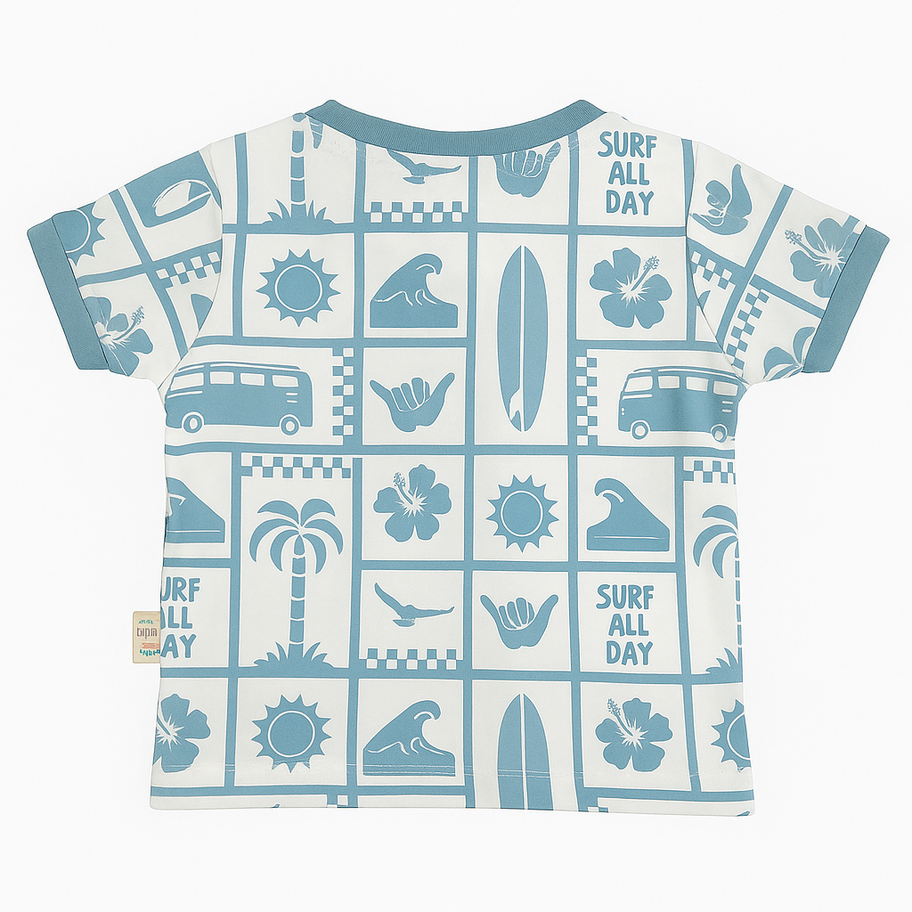 OLLYPOP “Surf All Day” Boys T-Shirt – Soft Cotton Half Sleeve Henley Tee (9M–3Y) – Blue, Mulberry & Turquoise