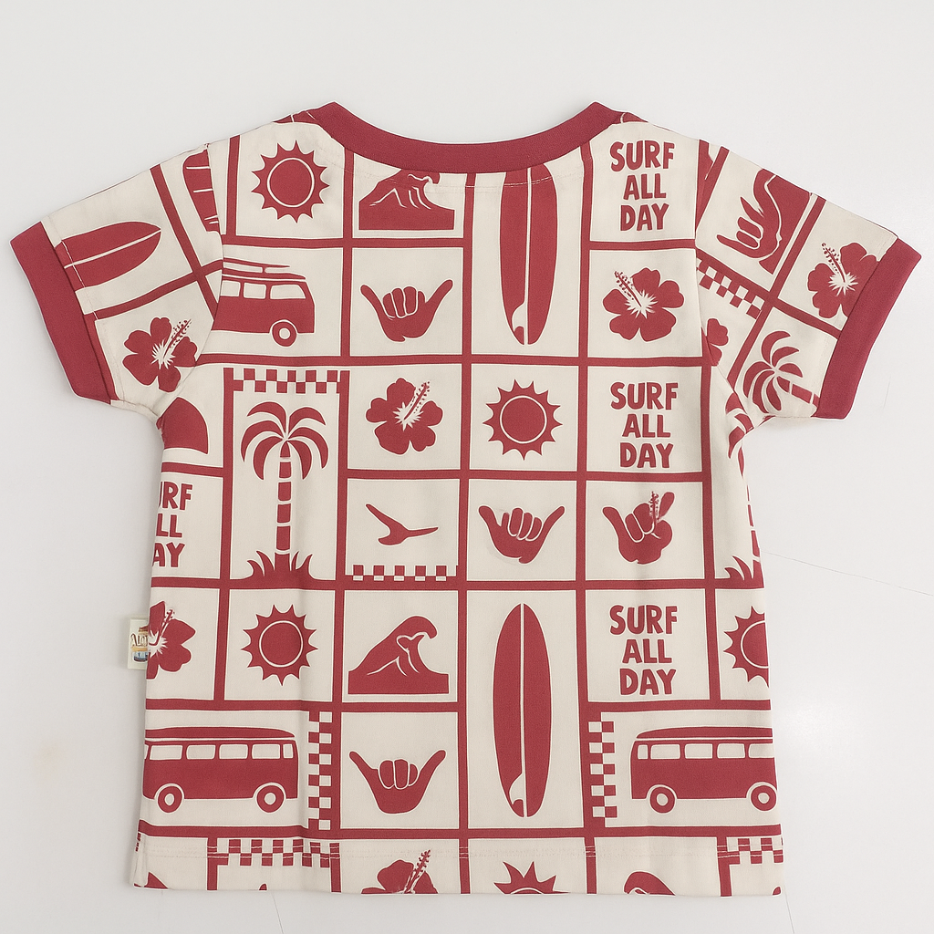 OLLYPOP “Surf All Day” Boys T-Shirt – Soft Cotton Half Sleeve Henley Tee (9M–3Y) – Blue, Mulberry & Turquoise