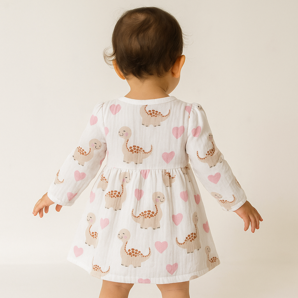 Smile Baby Cream Dinosaur & Hearts Print Cotton Frock for Girls (0–3 Years)