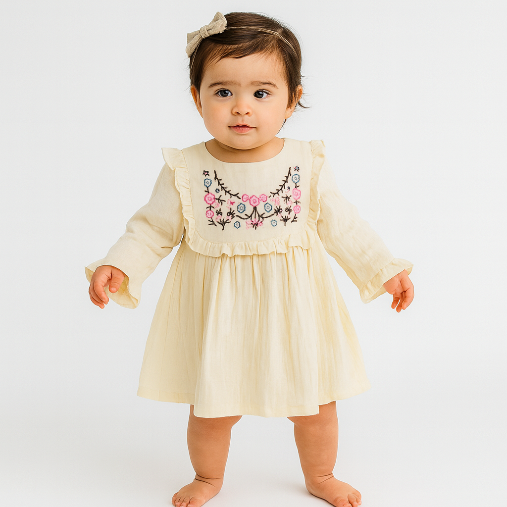 Smile Baby Girls Cotton Embroidered Frock – Full Sleeve, Soft & Comfortable Dress for 6M–3Y