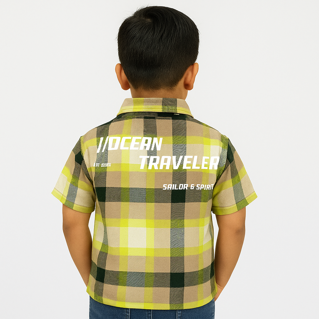 Smile Baby Boys Checkered Casual Shirt – Green & Beige Plaid with Printed Design (Age 2-12 Years)