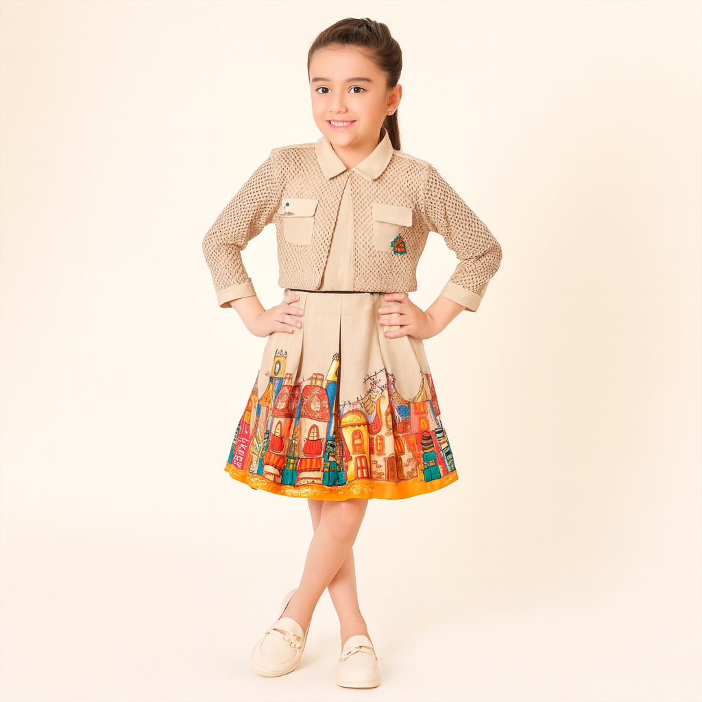 Girls Beige koti & Printed frock Dress – Stylish Party Wear Outfit - for  girls aged 2–12 years.
