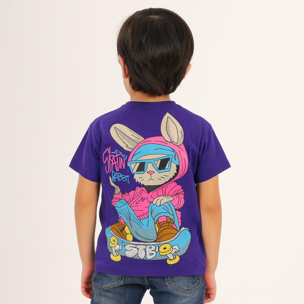 Smile Baby Boys’ Graphic Cool "Skatin’ Rabbit" T-Shirt – Neon Green & Purple | Age 4–12 Years