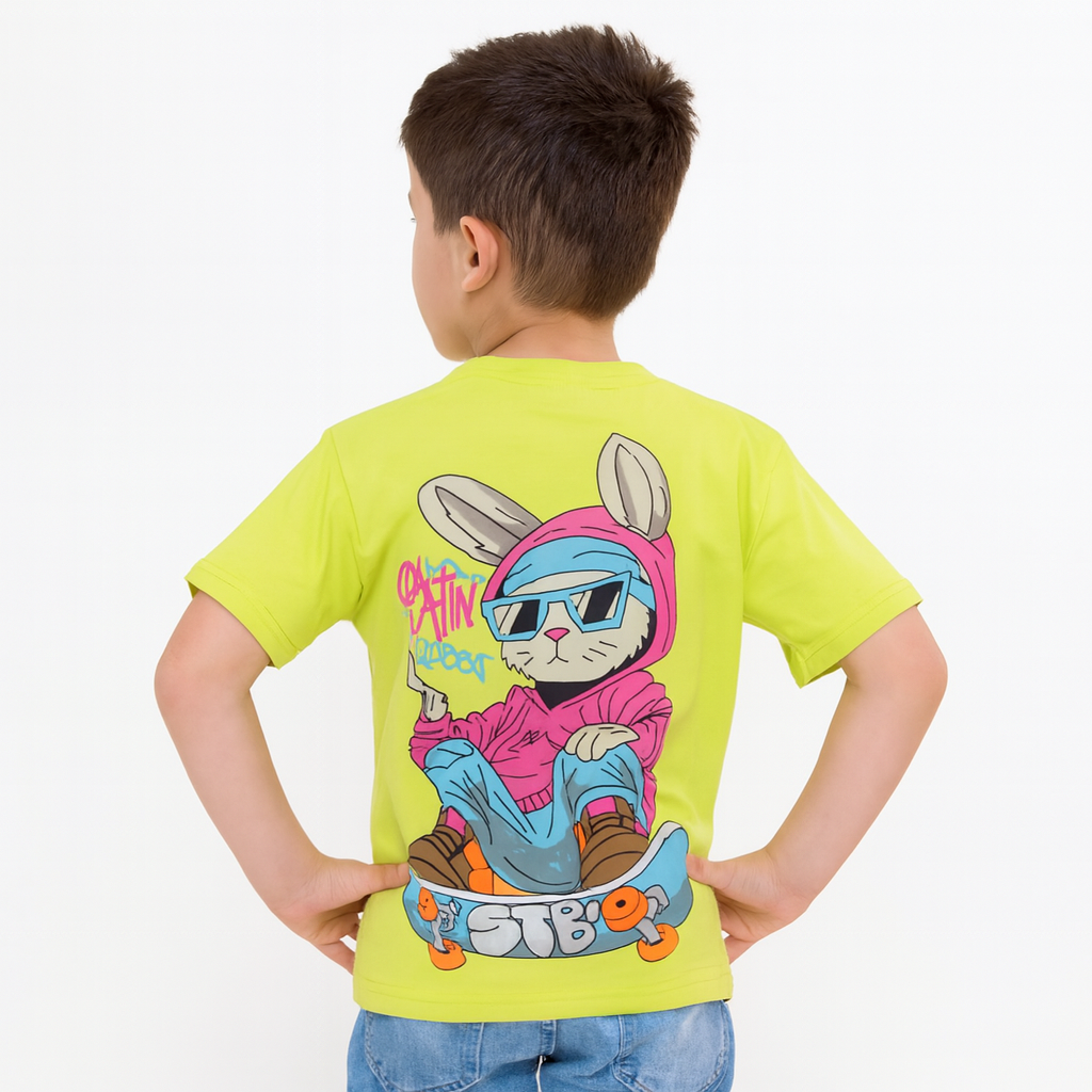 Smile Baby Boys’ Graphic Cool "Skatin’ Rabbit" T-Shirt – Neon Green & Purple | Age 4–12 Years