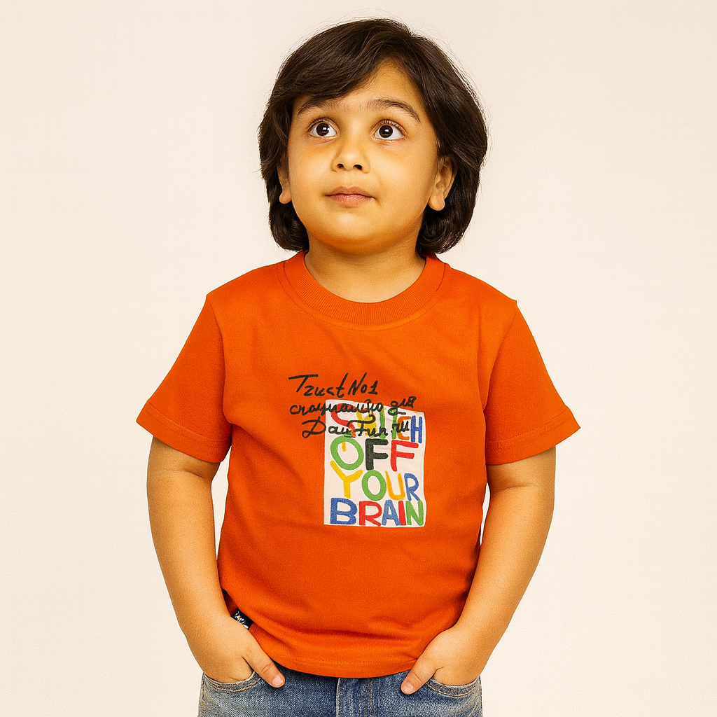 Smile Baby Boys' Graphic T-Shirt – Orange & Fluorescent Green with  multi-color letters | Age 6-14 Years