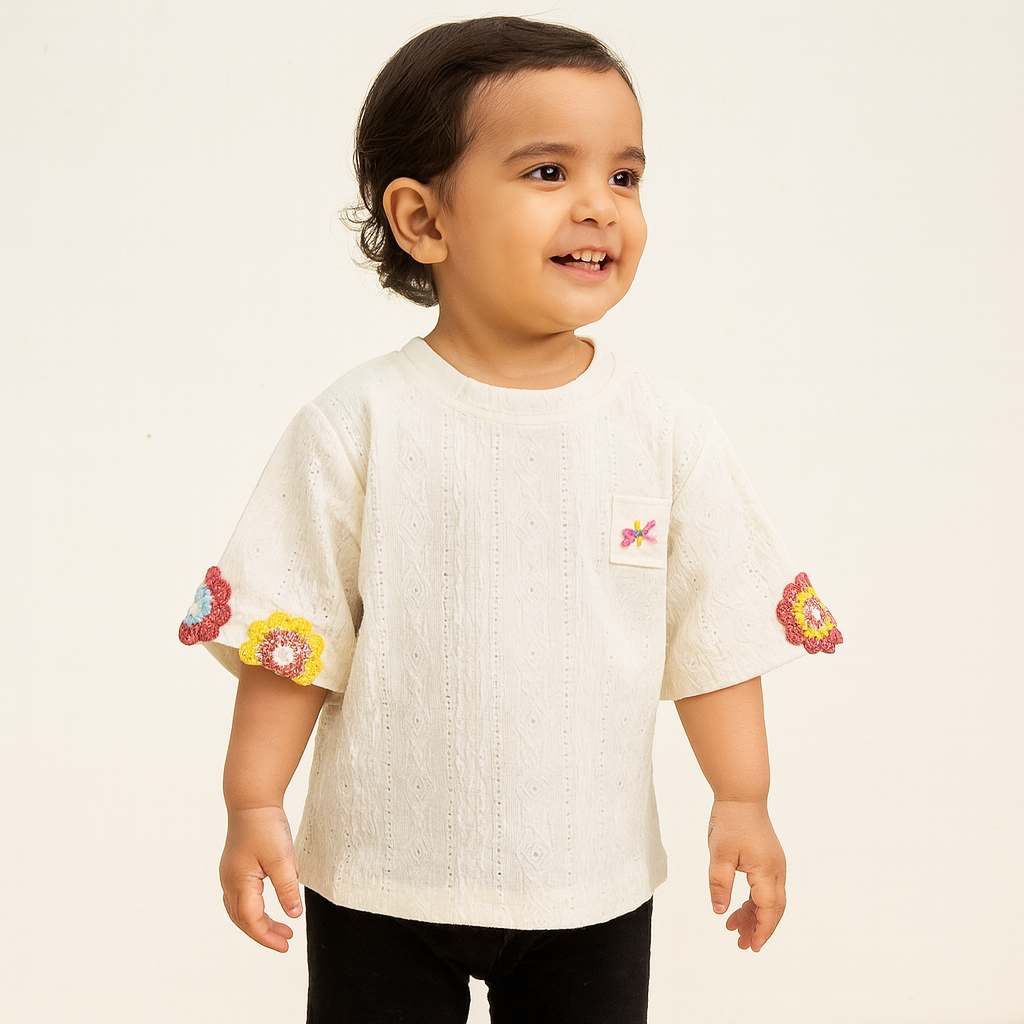 Smile Baby Cream & Green Embroidered Cotton Top for Girls | Age 12 Months to 14 Years