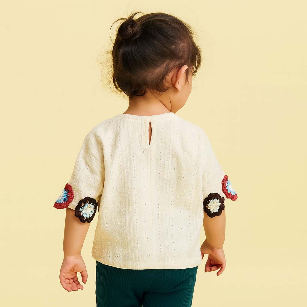 Smile Baby Cream & Green Embroidered Cotton Top for Girls | Age 12 Months to 14 Years