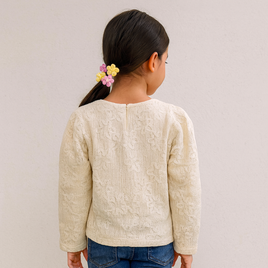 Smile Baby Girls Cream Knitted Top with Floral Appliqué | Age 18 Months – 14 Years