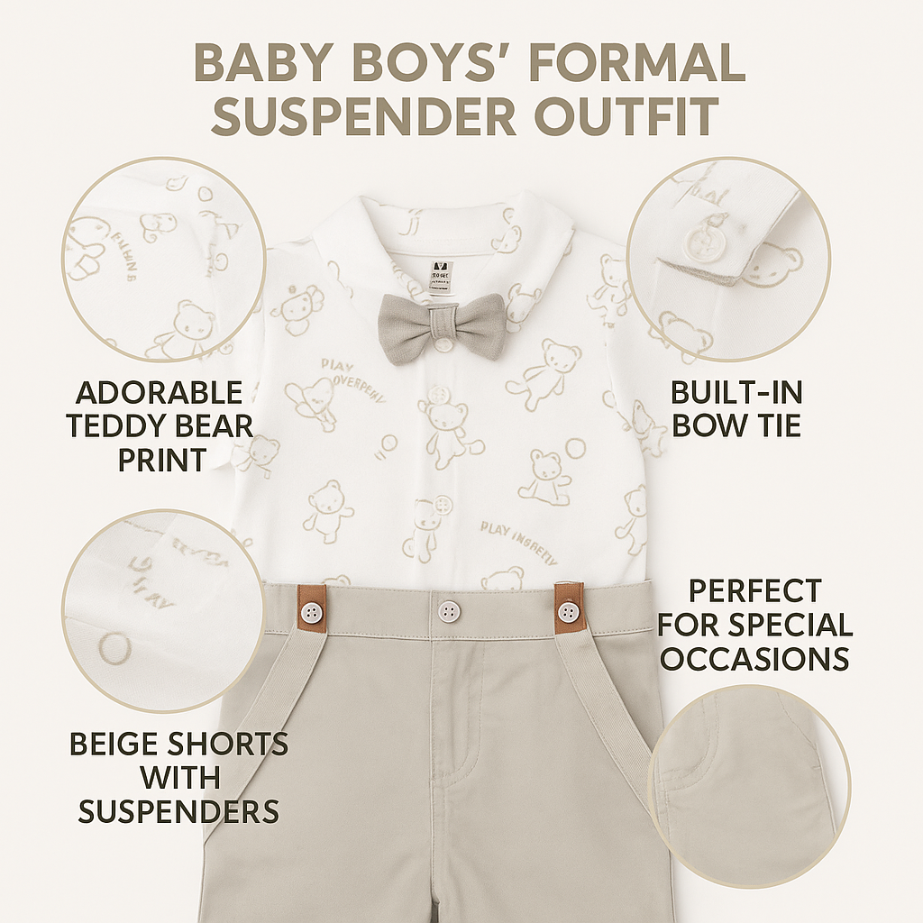 TOFFY HOUSE Boys' Formal Suspender Outfit Set – White Teddy Print T-Shirt with Bow & Beige Shorts | New Born to 9 Months
